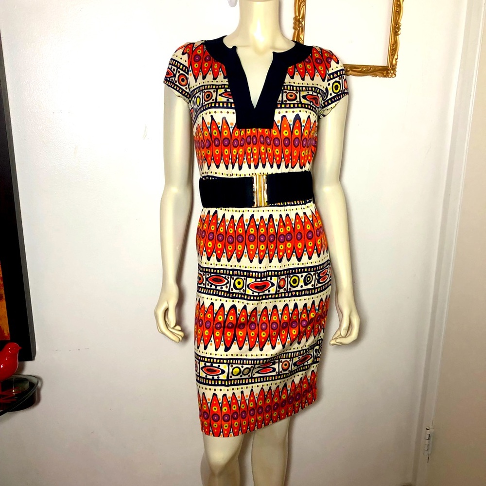 Trina Turk Silk Sheath Dress Size 2 Navy Matching Wide Belt With Metal Clasp AB